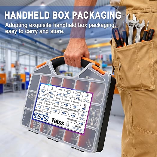 Taiss 760PCS 18-8(304) Stainless Steel Hex Bolts and Nuts Assortment,1/4-20 5/16-18 3/8-16 1/2-13(Length 1/2" to 2-1/2") Heavy Duty SAE Nut and Bolt Assortment,Assorted Nuts and Bolts & Washers Kit