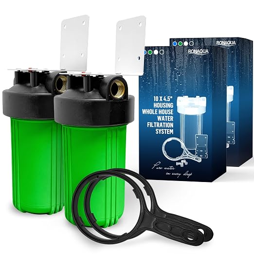 High Capacity 10 x 4.5” Whole House Filter Purifier System for Well or City Water, Presser Relief Button, 1” NPT Brass Port, Double O-Ring, Meets NSF Standards & Regulations (Green, 2 Sets)