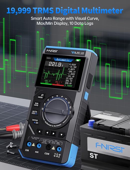 FNIRSI DST-210 Handheld Oscilloscope 10MHz Bandwidth, 19999 Counts, Digital Oscilloscope Multimeter DDS Generator 3IN1, 48MS/s Sampling Rate, AC/DC Voltage Current, Capacitor, Resistor, Diode Test