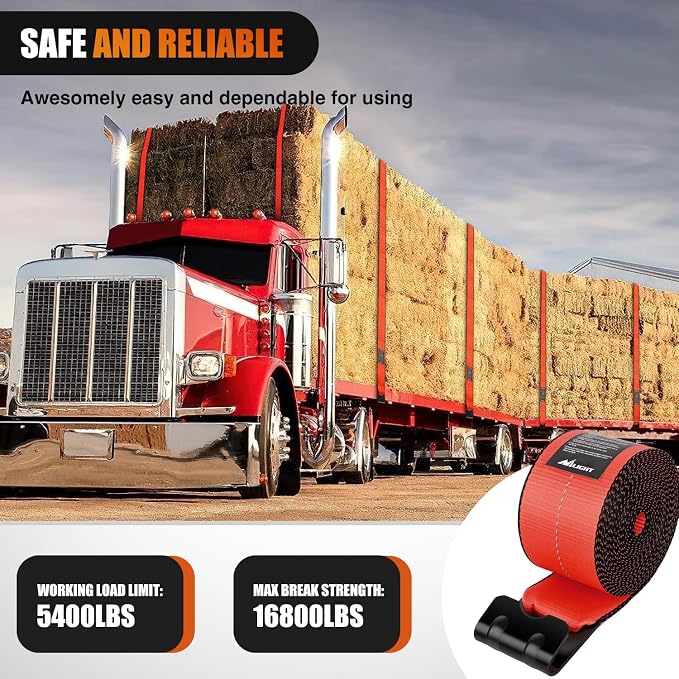 Nilight Truck Straps 4" x 30' Heavy Duty Tie Down with Flat Hooks 16800LBS Break Strength & 5400LBS WLL for Flatbed Trailer Cargo Control Recovery Tree Saver Bright Red (10 Pack)