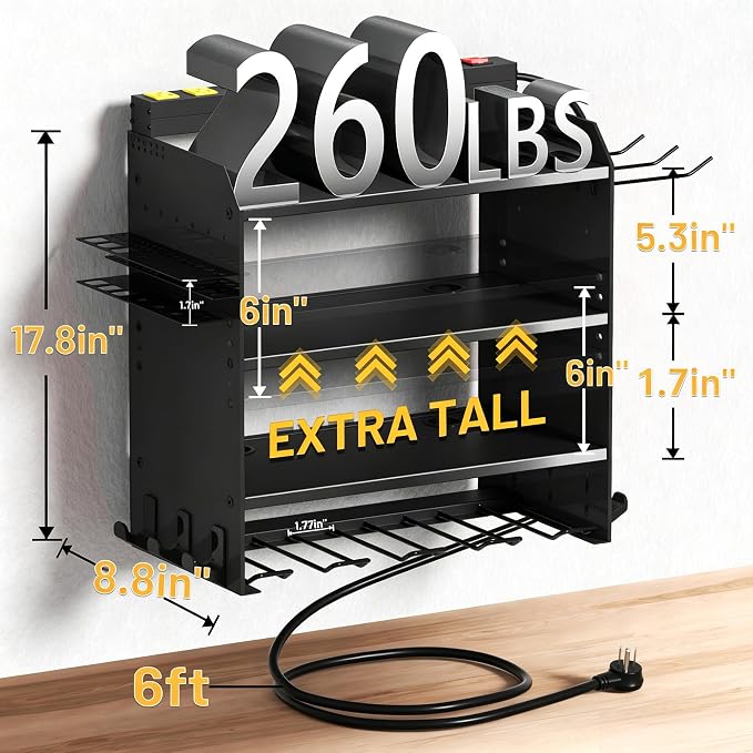 Power Tool Organizer Wall Mount with Charging Station & 8 Outlet,4 Layer Heavy Duty Metal Rack Loads 260lbs for Garage Organization,4 Cordless Drill Holders,Day Gift for Men,Glossy Black