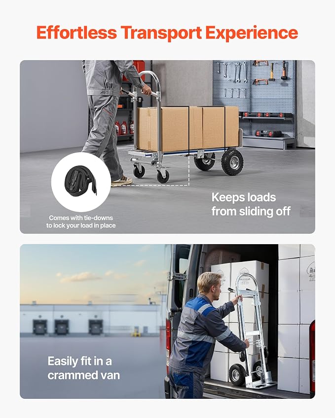 VEVOR 2 in 1 Hand Truck, 1000 lbs Load Capacity for 4-Wheel Mode, Convertible Hand Truck Dolly with Non-Slip Handle & Wheels, Portable Trolley Dolly for Moving Home, Office, Warehouse, Supermarket