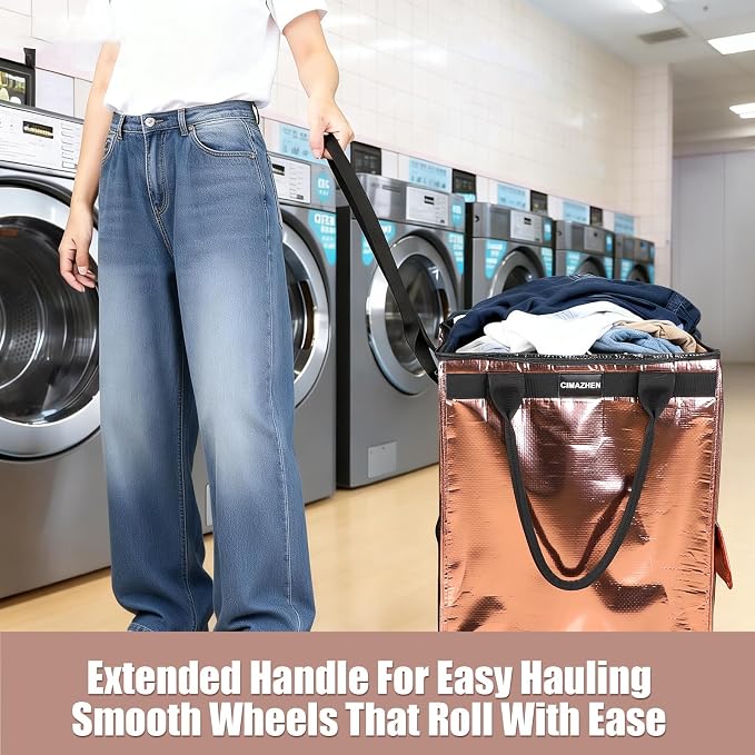 (Small,Rose Gold) Reusable Grocery Bag on 4 Wheels, 60L Foldable Rolling Tote Bag with 3 Handles and Zipper, Rolling Shopping Cart for Groceries, Storage, Laundry, Travel, Organizer, 66lb