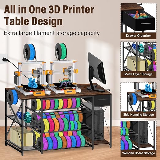3D Printer Stand with Charging Station, Large 4-Tier 3D Printer Table with Filament Storage and Storage Drawer,Filament Rack,Heavy Duty 3D Printer Desk for Workshop,Office and Garage,Brown