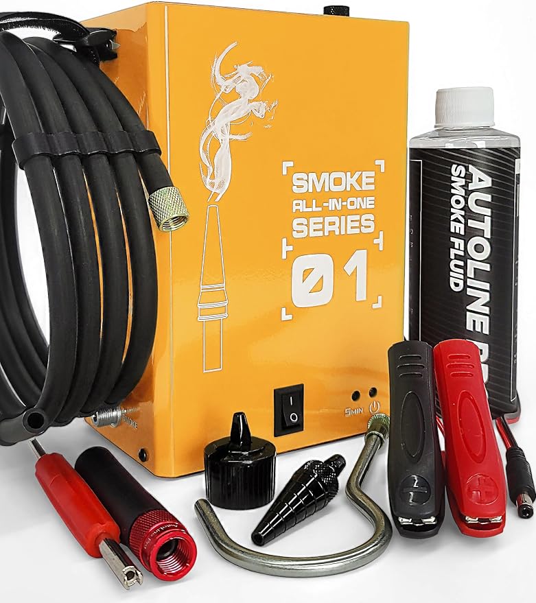 Automotive Smoke Machine - EVAP Leak Detector with Built-in Air Compressor, EVAP Service Port Adapter, OEM Approved Smoke Fluid - Model 01 – EVAP Vacuum Exhaust Smoke Detector Tools Kit - Orange