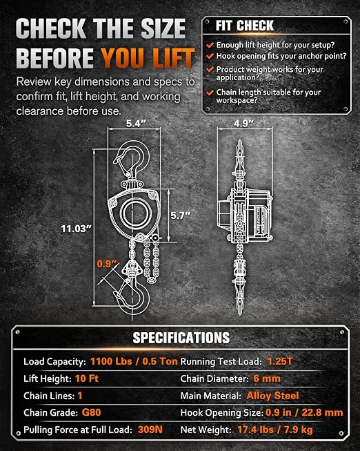 Chain Hoist 1/2 Ton, 1100 lbs Capacity, 10 FT Manual Chain Fall, G80 Alloy Steel Load Chain, Double-Pawl Brake, 360° Swivel Hooks, Heavy Duty Hoist for Garage, Shop, Farm, Warehouse