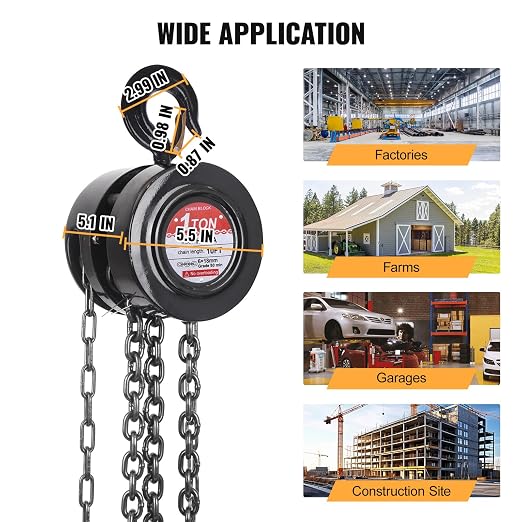 Hand Chain Hoist, 1 Ton/2200 lbs Capacity, Heavy Duty Steel Chain Fall Hoist with 10 Ft Lifting Height, Manual Chain Block Hoist with 2 Chain Hooks for Lifting in Transport & Workshop