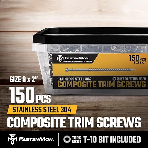 Composite Trim Screws, #8 x 2 Stainless Steel 304, 150pcs | Hidden Fastener For PVC & Wood, Outdoor Deck, Exterior & Finish Fasteners, Rust-Resistant, T-10 Star Drive, 0.9lbs