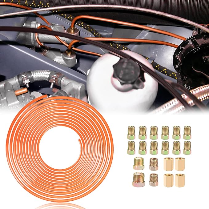 1/4" Brake Line - Easy to Bend Tubing - 25 ft 1/4" Copper Coated Brake Line + 16 x Brake Line Fittings and 4 x Threads Unions