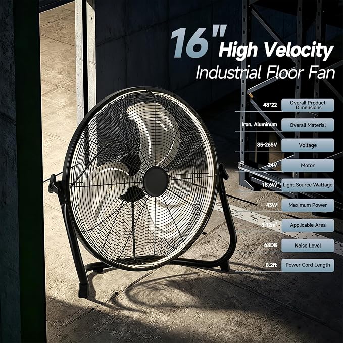 AHAWILL 16" High Velocity Metal Floor Fan with Light,6-Speed Plug-in Fan with Remote & APP,Industrial Fan with Rear Buttons,360° Tilt & 3CCT,Wall Mountable,Anti-Vibration for Garage,Warehouse,Shop,Gym