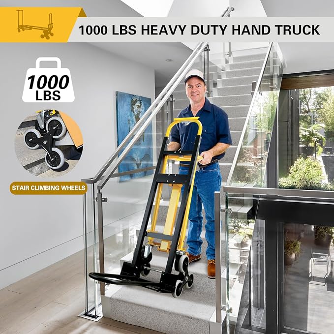 1000 LBS Industrial Convertible Hand Truck,3 in 1 Stair Climbing Dolly Cart,Stair Dolly Climber Heavy Duty with Solid Wheels for Moving,Transport in Warehouse,Office(Yellow)