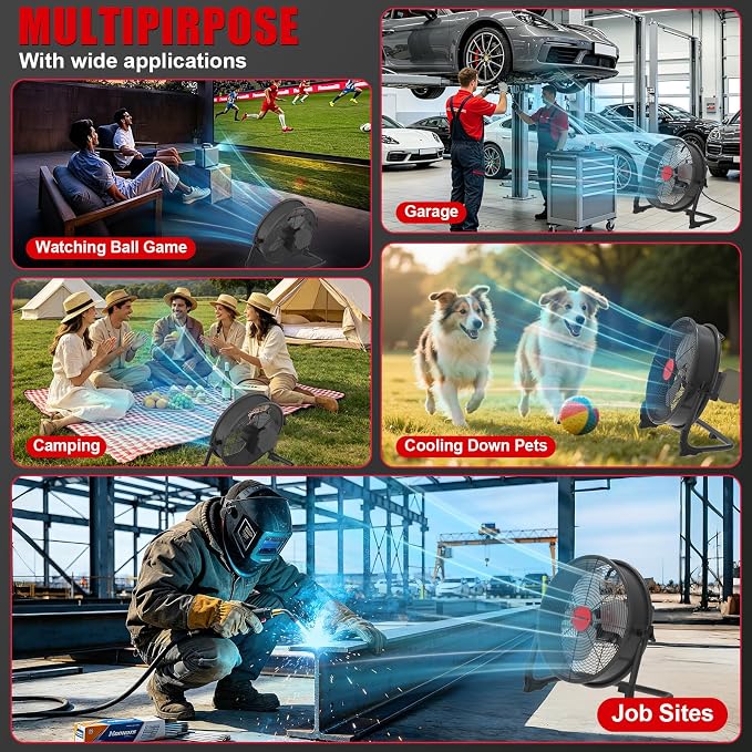 T-SUNiceM 16" Cordless Jobsite Fan Compatible with Milwaukee M18 18V Batteries, Battery Powered Floor Fan with AC Adapter, 2500 CFM Strong Airflow, Adjustable Speed, Tilt Head, USB Output, Tool Only
