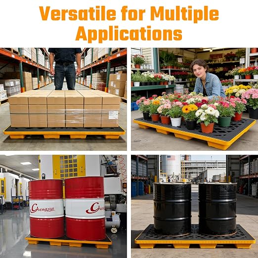 2 Drum Spill Containment Platform with Forklift Pockets, Heavy-Duty 2000 lb Capacity, Stackable Leakproof Modular Tray for Industrial & Garage Storage, 48" x 24" x 4"