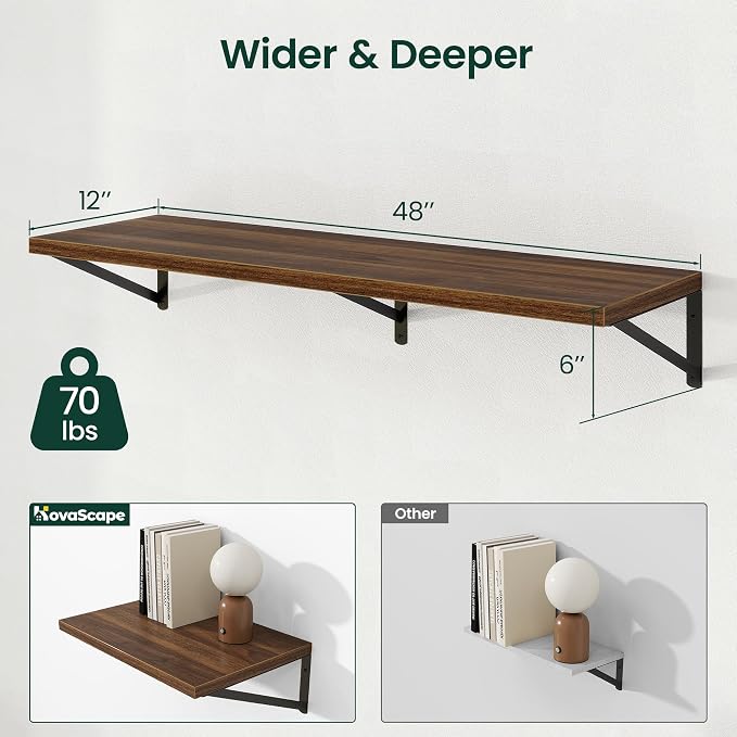 Floating Shelves 12 Inch Deep, 48W x 12D Wall Shelf Set of 2, 70 lbs Heavy Duty Reversible Metal Brackets, Deep Industrial Book Shelf for Living Room Kitchen Bath Bedroom Coffee Bar, Walnut