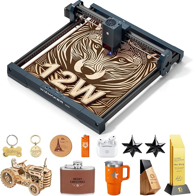Laser Engraver 12000mW, Compact Desktop Engraving Cutting Machine for Wood DIY Crafts, Small Business STEM Makers, 300×300mm Work Area, for Home, Acrylic, Metal 12W Laser Cutter