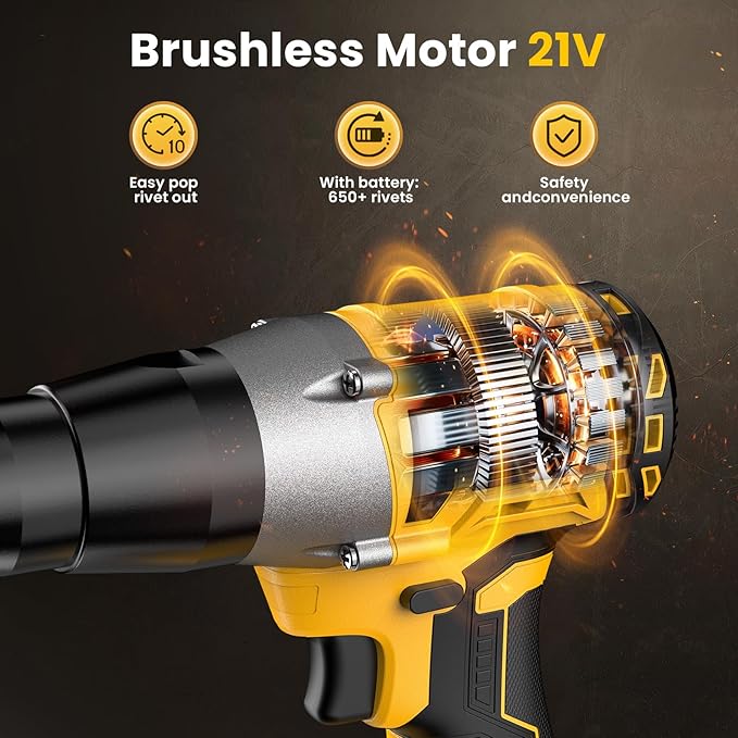 WonVon Cordless Electric Rivet Gun Tool 20V Max Battery, Brushless Automatic Kit Rivets, Pop Rivet Gun with 3 Size (1/8", 5/32", 3/16") Rivets, 1*Battery, Fast Charger, Rivet Head, Led Light