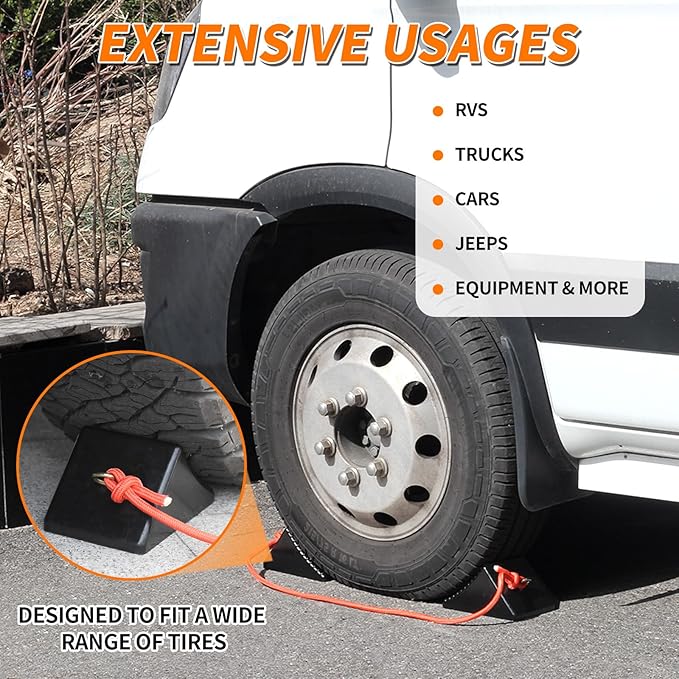 OULEME Heavy Duty Rubber Wheel Chocks with Eyebolt, Solid Wheel Stoppers for Camper, Travel Trailer, RVs, Truck, and ATV, Anti-Slip and Anti-Oil Design, 8"x5"x4"(4-Pack)