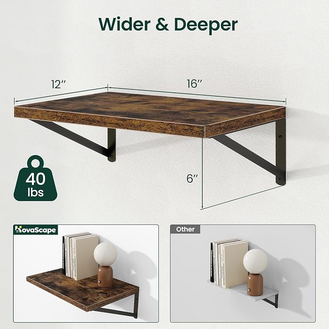 Floating Shelves 12 Inch Deep, 16W x 12D Wall Shelf Set of 2, 35 lbs Heavy Duty Reversible Metal Brackets, Industrial Book Shelf for Living Room Kitchen Bath Bedroom Coffee Bar, Rustic Brown