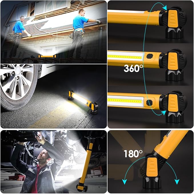 Ropelux Mechanic Work Light Bar with 2500LM 5200mAh Battery, Orange 2 Pcs | 2-Level Brightness, 7500K Cool White, 4-10 Hours Runtime, Magnetic Bases, Hooks, 360° Rotating, Rechargeable, Tool Gift