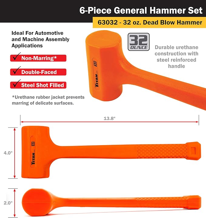 Titan 63136 6-Piece Hammer Set, Includes 16oz & 32oz Ball Pein, 32oz Rubber Mallet, 3lb Sledgehammer, 2lb Dead Blow & 3lb Cross Pein