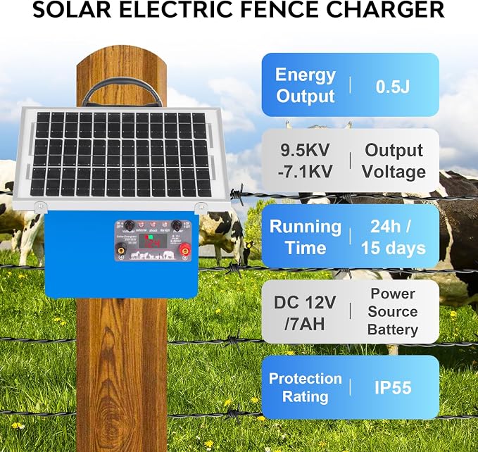 20 Miles Solar Electric Fence Charger,Auto-Adjusting Electric Output Voltage,0.5 Joule Electric Fence Energizer with 7.5W Solar Panel/7Ah Battery,for Livestock,Cattle,Raccoon, Deer,Goat.
