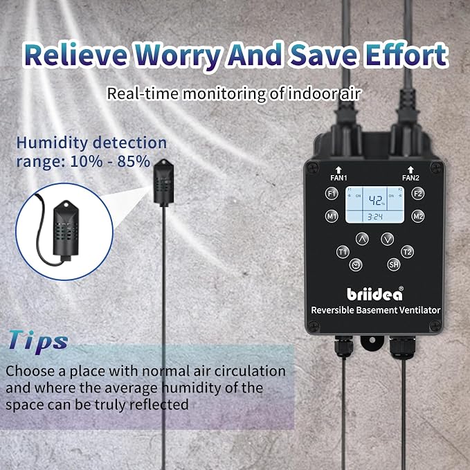 Reversible Basement Ventilation Fan with Dual 100 CFM Fans, Independent Speed Control, Smart Humidity & Timer Modes, Real-Time Display, Fresh Air Supply & Exhaust for Basement, Storeroom, Wine Cellar