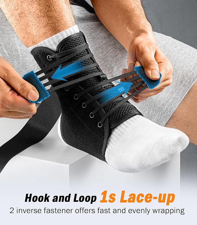 Slim-Fit Ankle Brace for Sprained Ankle, Quick Lace Up Ankle Support for Women Men with 2 Auto-Shaped Pads, Air Fabric Cool Ankle Stabilizer for Injury Recover, Running,Sports,S(10”-11.6”)