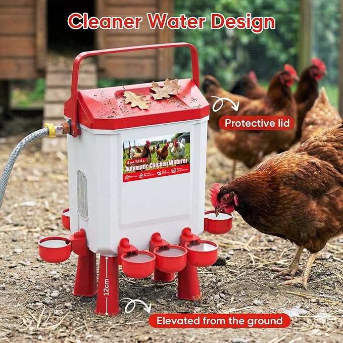 3 Gallons Automatic Chicken Waterer with 8 Chicken Water Cups, 8 Nipples, 6 Plugs, Float-Controlled Chicken Water Feeder with 60 Inch 3/4'' Water Hose, Poultry Waterer Perfect for Chicks, Duck, Goose