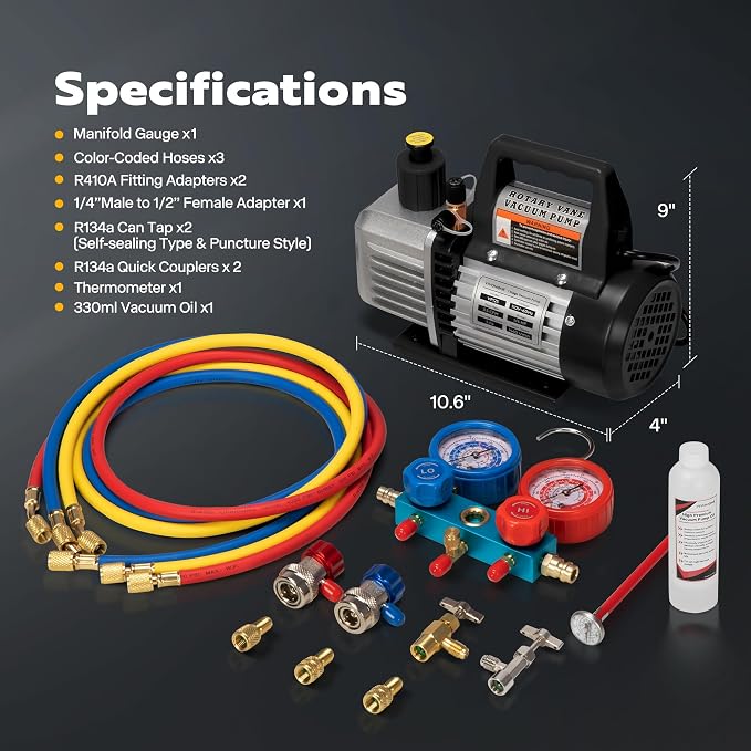 VIVOHOME 110V 1/4 HP 3.5CFM Single Stage Rotary Vane Air Vacuum Pump and AC Manifold Gauge Set Kit with Thermometer for R134a R12 R22 R502 R410a HVAC Air Conditioning Refrigeration Recharging, Black