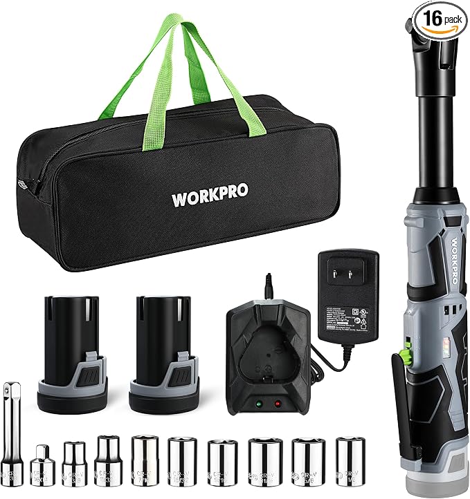 WORKPRO 12V 40 Ft-lbs Power Ratchet Wrench Kit with 10-Piece Socket Accessory Set, 1-Hour Fast Charger, 2.0Ah Lithium-Ion Batteries | 40 Ft-lbs, 10-Piece Socket Accessory Set, 1-Hour Fast Charger, 2.0Ah Lithium-Ion Batteries
