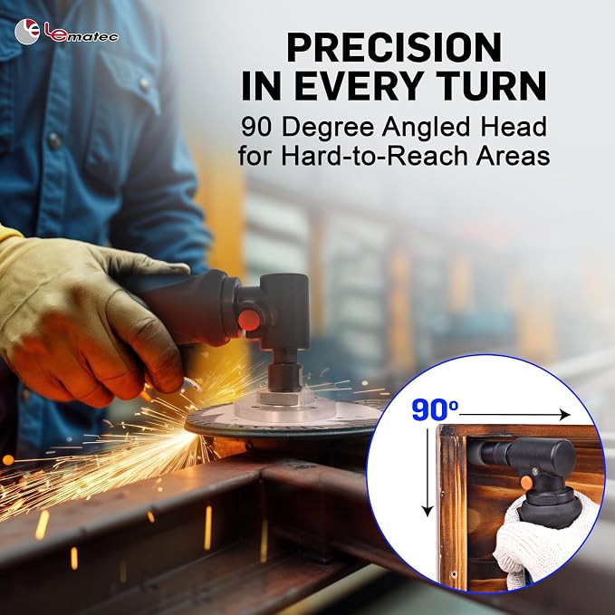 LE LEMATEC Right Angle Die Grinder, 20,000 RPM Pneumatic Air, 90 Degree | Spindle Lock, 1/4in Collet, Auto Detailing, Deburring, Polishing, Weld Prep, Mini, 1.4 lb