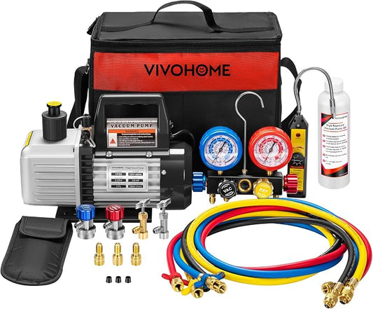 VIVOHOME Upgraded 5CFM 1/3 HP 1-Stage HVAC Vacuum Pump and 4 Way AC Manifold Gauge Set with Leak Detector 5ft Hoses for R134a R12 R22 R502 R410a, Mini Split & Car Air Conditioner Maintenance