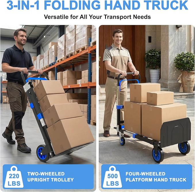 3-in-1 Folding Hand Trucks, 500lbs Convertible Dolly, Dolly Cart with Wheels Heavy Duty, Moving Cart with Retractable Handle, Collapsible Trolley for Moving Office/Home/Warehouse/Boxes/Cartons (Blue)