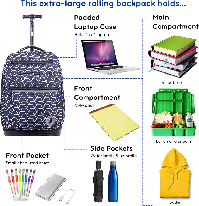 J World Sundance Laptop Rolling Backpack for Girls Boys. Roller Bookbag with Wheels, 20 Inch, Line