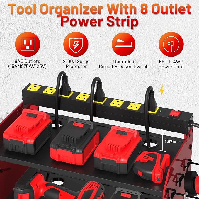 Power Tool Organizer Wall Mount with Charging Station & 8 Outlet,3 Layer Heavy Duty Metal Rack Holds 200lbs for Garage Organization,4 Cordless Drill Holders,Day Gift for Men,Dark Red