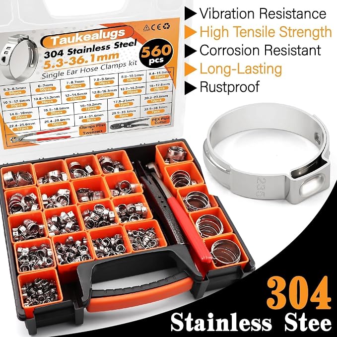 560PCS 22-Sizes Stepless Single Ear Hose Clamp Kit with Pliers & Cutter, 5.3-36.1mm (1/4"-1-3/8") 304 Stainless Steel Anti-Corrosion Clamps for Automotive Fuel Line,CV Boot,HVAC,Radiator & PEX
