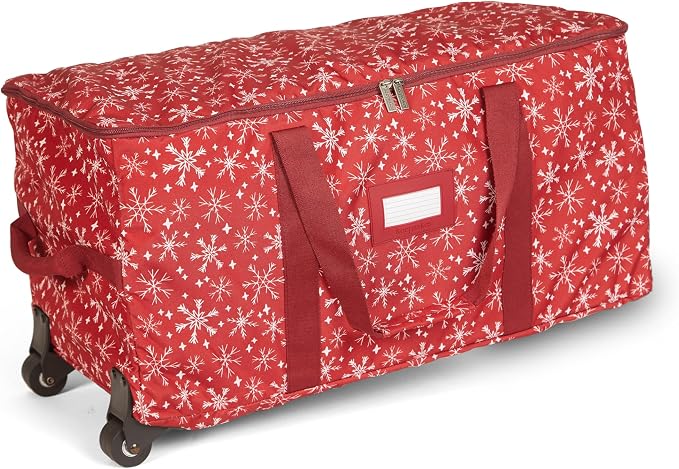 Covermates Keepsakes Rolling Treasurekeeper Storage Bag – Heavy-Duty Polyester with Dual Wheels & Handles – Protects Holiday Decorations with ID Window & Dual Zipper Access, Red Snowflake