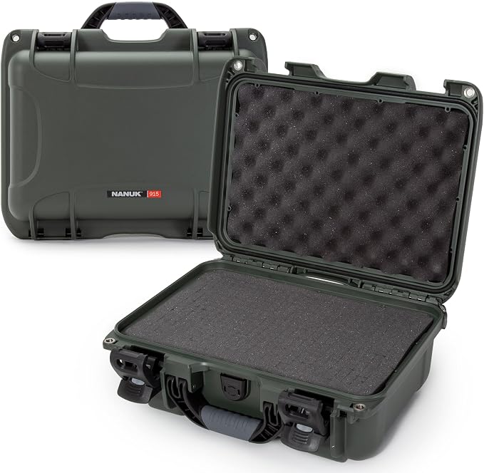 NANUK 915 Hard Case with Cubed Foam – Compact Waterproof Travel Camera Hard Case with Padded Dividers, 13.8” x 9.3” x 6.2” – Dustproof and Impact Resistant, Airline Carry-On Approved – Olive