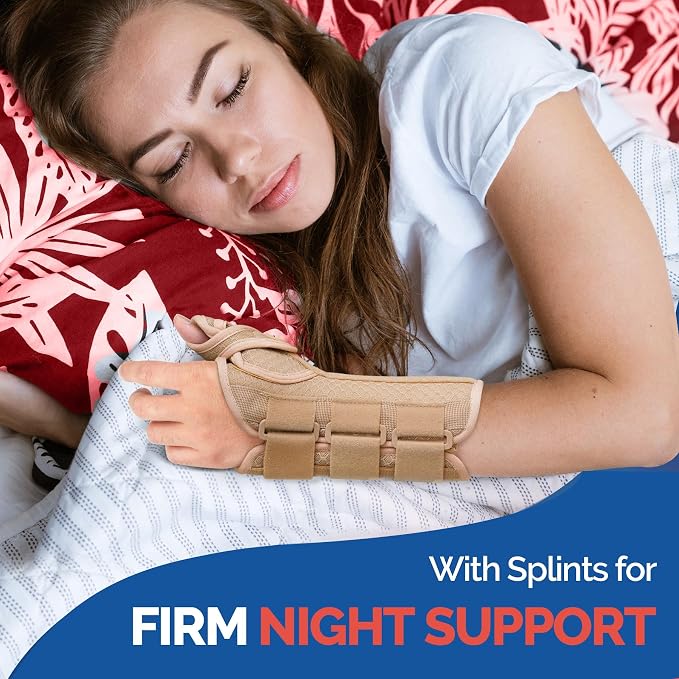 FEATOL Carpal Tunnel Wrist Brace Night Support, Thumb Spica Splint Left Hand for De Quervains Tenosynovitis, Tendonitis, Thumb Brace for Women Men, Beige, Medium/Large