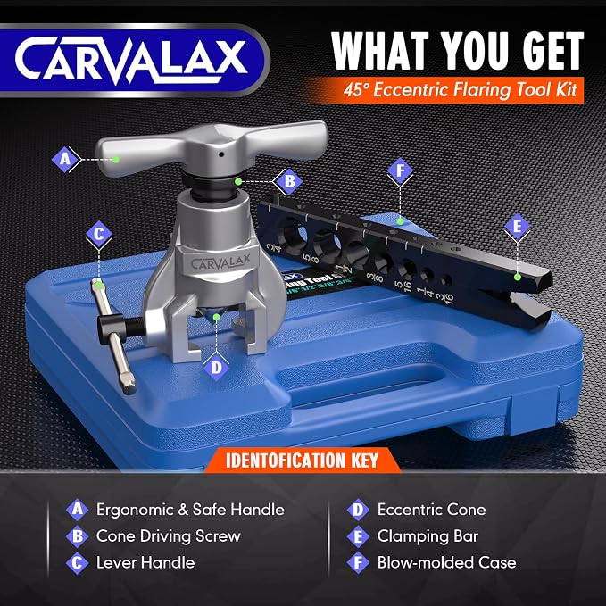 CARVALAX 45° Eccentric Flaring Tool Kit for Copper, Brass, and Aluminum Tubing, Single Flaring Bar with 7 Dies (3/16" to 3/4"), for HVAC, Refrigeration,and Brake Lines, heavy duty with Case (Imperial)