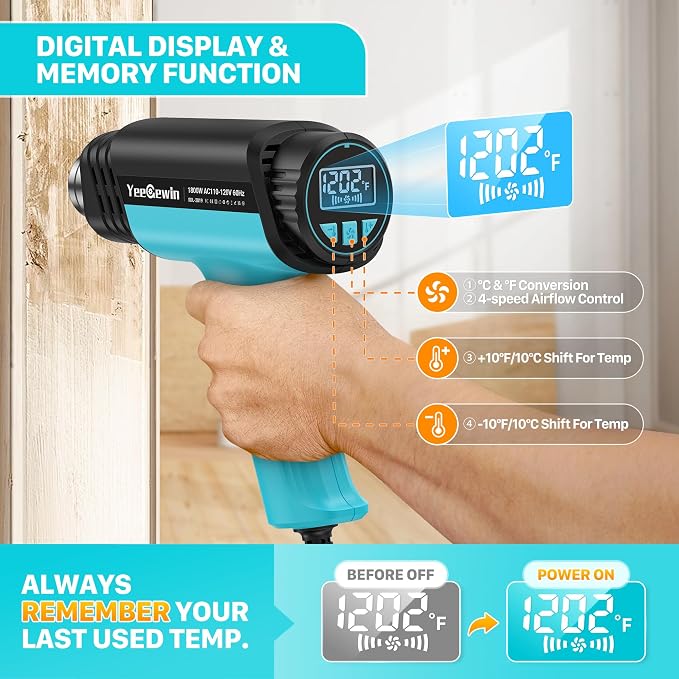 1800W Heat Gun Compact Design Hot Air gun with LCD Display Variable Temperature Control 122℉-1202℉(50℃-650℃) with Memory Function and 4 Nozzles for Crafts, PVC Heating and Paint Removal