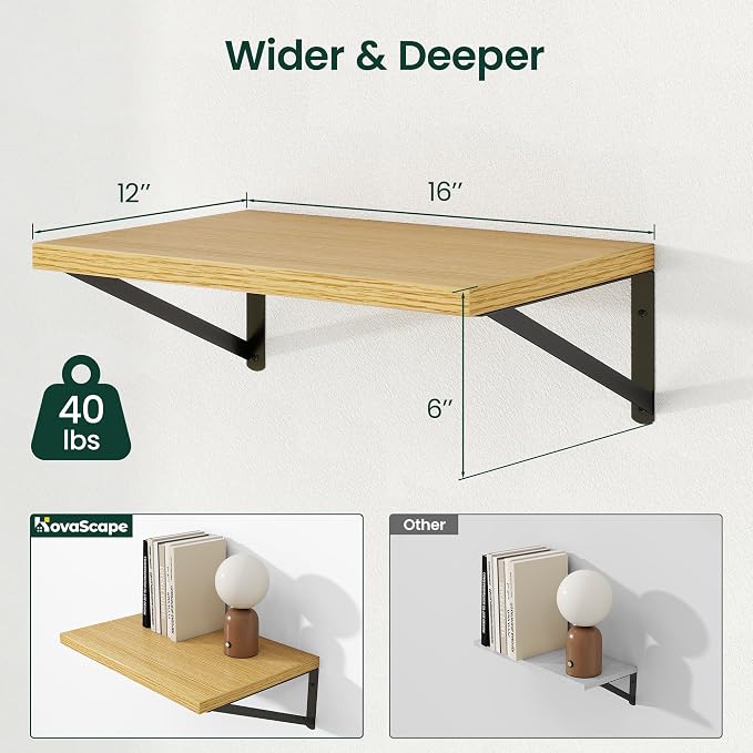 Floating Shelves 12 Inch Deep, 16W x 12D Wall Shelf Set of 2, 35 lbs Heavy Duty Reversible Metal Brackets, Deep Industrial Book Shelf for Living Room Kitchen Bath Bedroom Coffee Bar, Oak