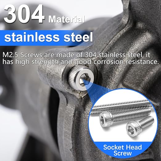 801PCS M2.5 Screws Kit, M2.5x4/6/8/10/12/16/20/25mm Hex Socket Head Cap Screws Bolts Nuts Washers Kit, 304 Stainless Steel M2.5 Bolts Metric Screws for 3D Printing