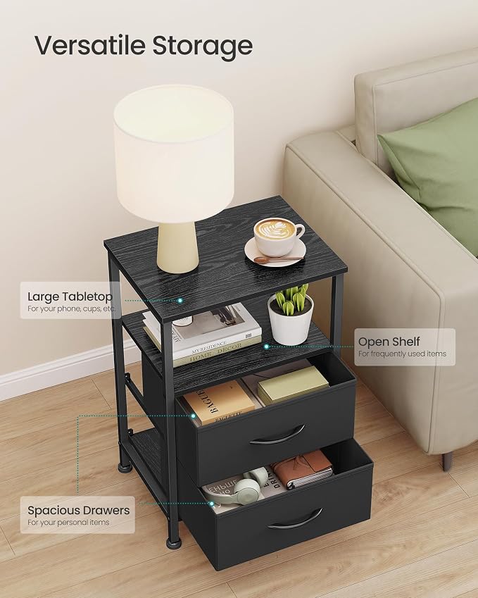 SONGMICS Nightstand, Bed Side Table, End Table with 2 Drawers and 1 Open Shelf, Industrial, Set of 2, Ink Black, BELLAH Collection ULGS062B101S