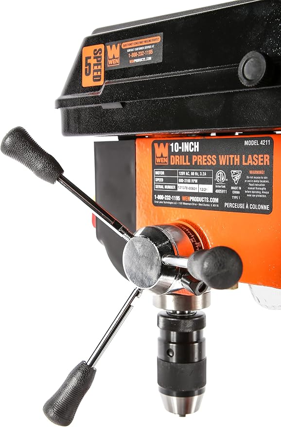 WEN 4211 3.2-Amp 10-Inch 5-Speed Cast Iron Benchtop Drill Press with Laser and Keyless Chuck , Black