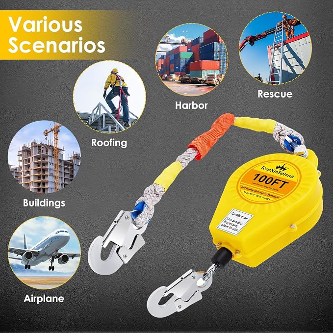 Fall Arrester Protector Self Retractable 100FT Fall Protection Gear Double Locking, Dual PPE+Alloy Steel housing Heavy Duty Lifeline Safety Lanyard Rope Cable Wire Roofing Construction