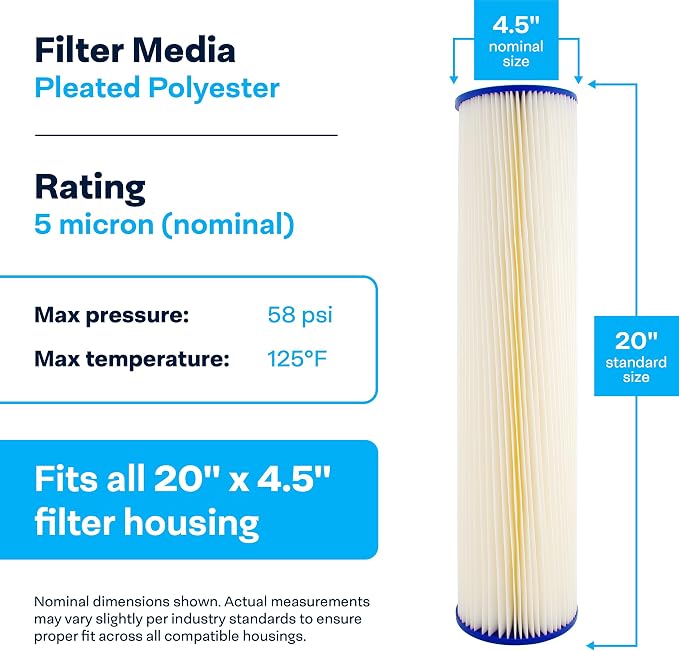 SpiroPure 20x4.5 5 Micron Sediment Water Filter ECP5-20BB 255494-43, 6 Pack