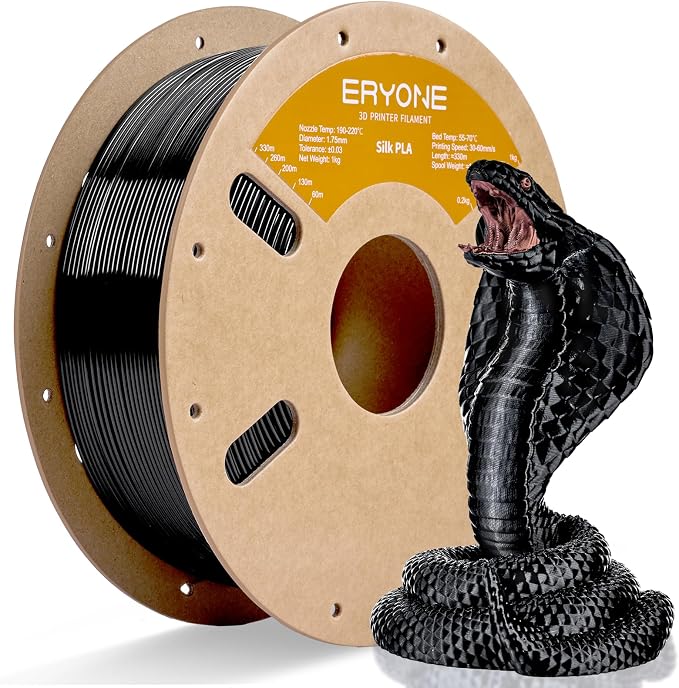 ERYONE Silk PLA Filament for 3D Printer 1.75mm +/- 0.03mm, Shiny Filament 1kg (2.1lbs)/Spool, Black