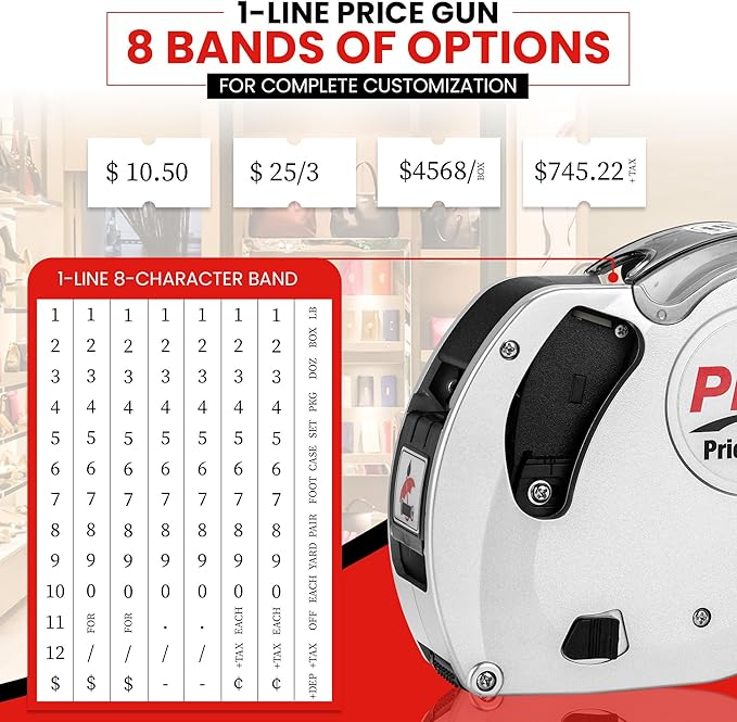 Perco Plus 1-Line Price Marking Gun with Labels Kit - Compares to Monarch 1131-01 Band Includes 1-Line 8-Character Band Price Labeler Gun, 9,000 Blank White Labels, a Label Scraper, and an Extra Inker