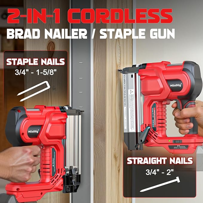 MtiolHig Cordless 2" Brad Nailer Compatible with Milwaukee Battery(Tool Only), 2-in-1 Electric Nail Gun/Staple Gun, 18 Gauge Nail Gun Battery Powered with 1000 Nails for Wood Carpentry, 7.2LB